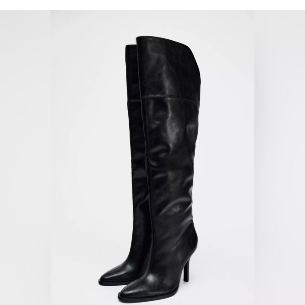 Zara NWT knee high pull on Black Stiletto heel Women's Boots size 6 1/2 or 37